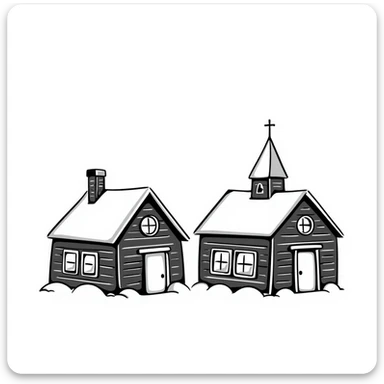 Siberian village, wooden houses, hand drawn doodle style sticker