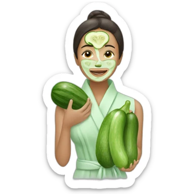 Girl with robe applying a cucumber mask sticker
