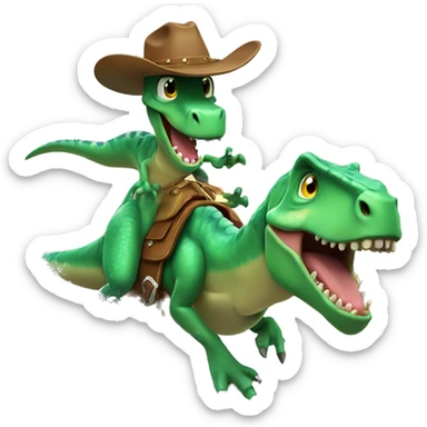rex dinosaur surfing a wave dressed as a cowboy and his hat is green sticker