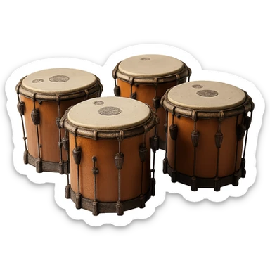 Realistic style depiction of exactly four timpani drums, no player, all drums brown, with no background, isolated on transparent background. sticker