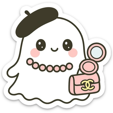 Add a cute blush compact in the ghost's other hand, keeping the black beret and pink Chanel purse, kawaii style, no background. sticker