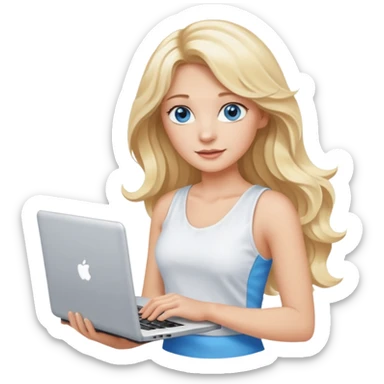 3D Apple-style emoji of a blonde woman whits long wavy hair, with bright blue eyes,
wearing a white sleeveless top,
holding a silver laptop,
clean white background, smooth rounded design
 sticker