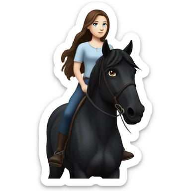 Girl with white skin, blue eyes and brown hair riding a Black horse with long mane and dark eyes. We see them from the side, they are causally walking sticker