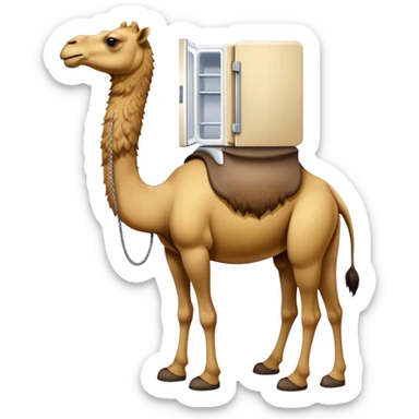 An appliance hybrid with a refrigerator body, a long-necked camel head emerging from the top, and four camel legs with hooves wearing yellow-brown Timberland boots sticker