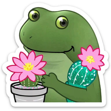 A Frog holding a blooming glitter cactus  sticker