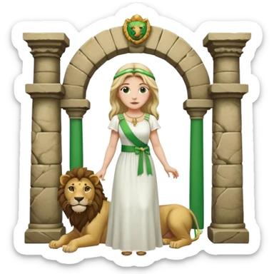 Un drapeau  avec 2 bande verte qui et une bande blanche au milieu avec une femme avec 1 lion de chaque coter d’elle sous un arc en pierre  sticker