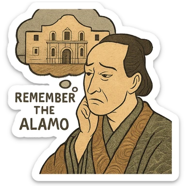ukiyo-e style face of an 1800s person with a solemn, reflective expression, remembering the Alamo sticker