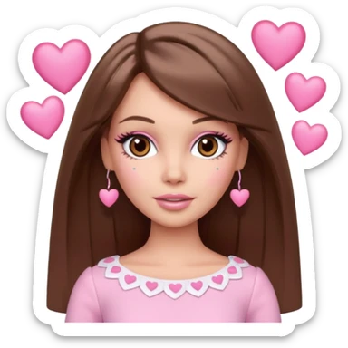 Barbie girl and  makeup , brown straight hair and brown eyes is In pale pink clothes There are pink hearts all around sticker