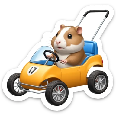 Racing car whose frame and suspension is made of shopping cart material with a large rear spoiler is being professionally steered driven by a small thin Guinea pig  sticker