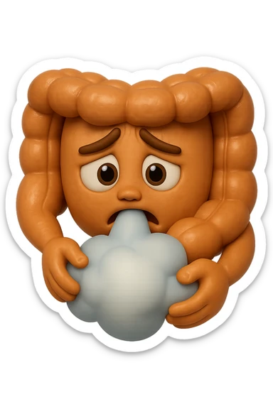emoji stile iphone di un intestino che ingoia una nuvoletta di aria ben visibile e gli si gonfia la pancia, iperrealistico 4k sticker