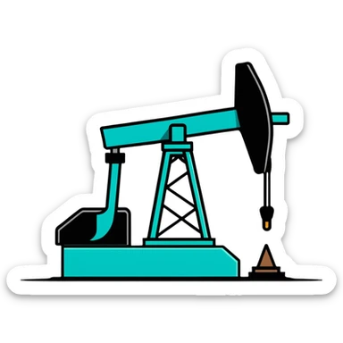 Oil pumpjack (nodding donkey), minimalist design with soft gradients in sky blue, teal green, white, and light gray sticker