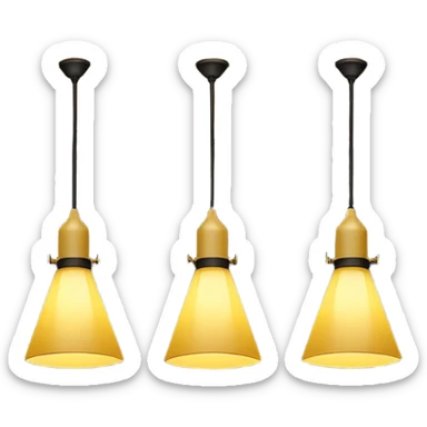 three hanging lamps in a dark room, only the middle lamp is dimly lit, casting a soft yellow cone of light downward, the rest of the room and other lamps remain in total darkness, minimalist cinematic lighting, moody atmosphere, black background, no people sticker