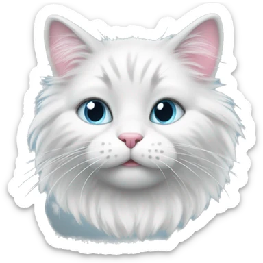 fluffy grey and white cat, small ears, pink nose, light blue eyes, white long whiskers, white spots near the nose, white breast, the cat's fur is soft. sticker
