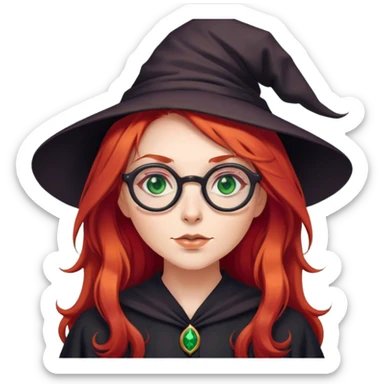 A witch that has long red hair, green eyes and round glasses sticker