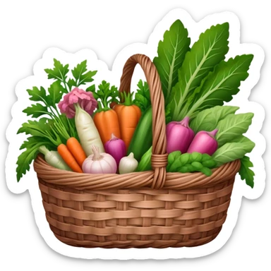 A brown basket of vegetables and plants with some pink aesthetic motives on the basket in an ios 18 emoji  sticker