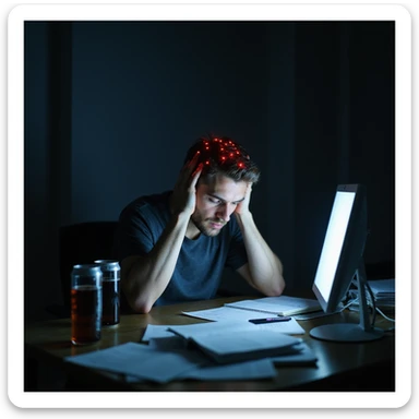 realistic overworked man at night, cluttered desk, paperwork, energy drinks, glowing screen, fatigue, dark circles, slouched posture, faint red glow on head, cold lighting, burnout health risk metaphor sticker