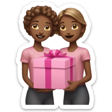 Two tan girls holding a pink box  sticker