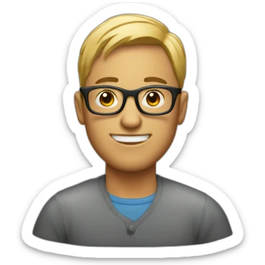 man with laptop in front wearing round glasses sticker