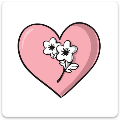 pink heart with sakura flowers, black doodle style sticker
