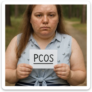 Realistic woman with PCOS inspired by the reference photo, slightly overweight body, skin with acne marks, thin hair, similar clothing, natural environment, hyperrealistic 4K details. sticker