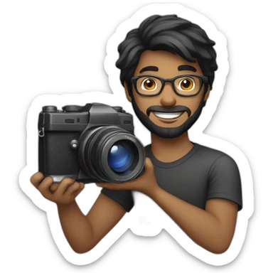 a photographer, young, black, straight hair, with a beard, wearing glasses and with a camera in his hand. Using black sticker