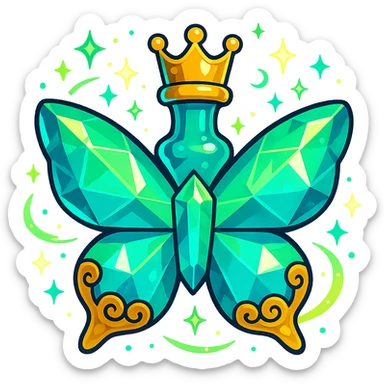 luxurious crystal butterfly-shaped bottle with a short neck and princess crown, green and blue colors, lots of glow, ornaments, magical effects, golden details, floating in air, transparent background sticker