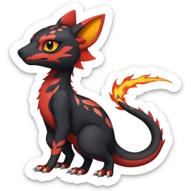 Rare realistic cute gothic Salandit-Litten-Quilava-Genet-species-Fakemon-hybrid-creature, with fiery markings, full body sticker