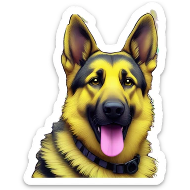 .Zombie_ Vaporwave black holographic oilslick zombie yellow German shepherd dog yellow caution tape graffiti stripes iridescent blue purple yellow stripes sticker