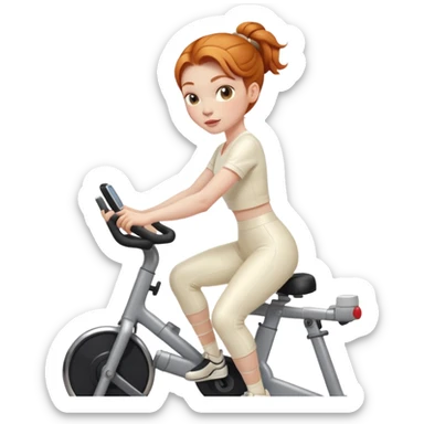 Ginger girl shiny lips middle part low bun riding stationary bike cream outfit sticker