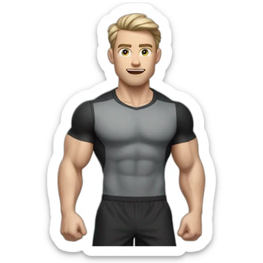 Surprised Pale skinned Fit Man With the biceps and dark brown hair in black shirt, gray sports shorts and white Sneakers sticker