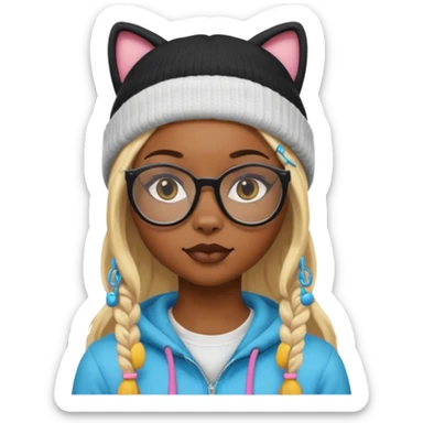 black skin, Blonde girl wearing cat  glasses and beanie, long hair sticker