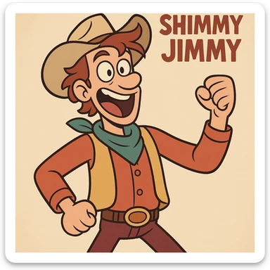 Shimmy Jimmy, Blended movie, energetic expression, colorful attire, animated cartoon style sticker