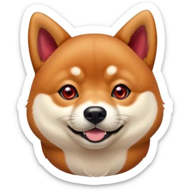 Cinematic Cute Shiba Inu Portrait Emoji, Head tilted playfully and inquisitively, featuring a rich red fur with a creamy underbelly and perky ears, round, sparkling brown eyes filled with curiosity, Simplified yet irresistibly adorable features, highly detailed, glowing with a warm, friendly glow, high shine, affectionate and lively, stylized with a touch of whimsy, bright and endearing, soft glowing outline, capturing the essence of a mischievous yet loving pup, so playful it feels like it could leap out of the screen and into your arms! sticker