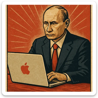 Vladimir Putin working on a MacBook in a vintage propaganda poster style sticker