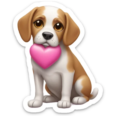 Dog holding a pink heart sticker