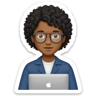 guy with wavy kinda curly black hair and skin tone a little bit brown and glasses, with a macbook sticker