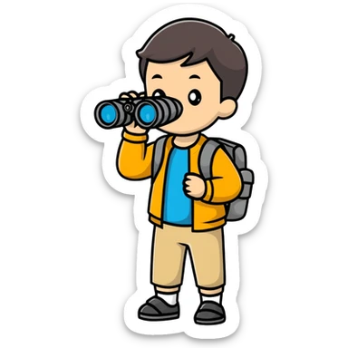 young explorer kid with backpack and binoculars sticker