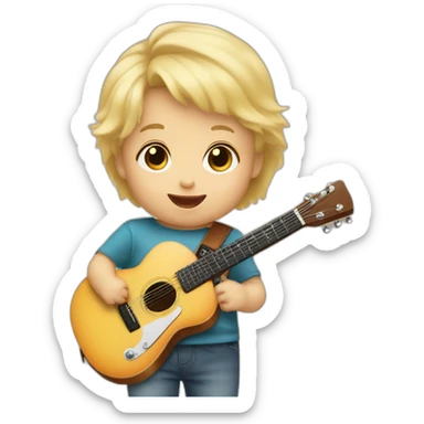 a 2-year-old baby, blond and with little hair, playing a mini guitar sticker