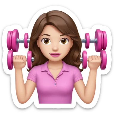 girl with wavy long brown hair, brown eyes, light to medium complexion, long lashes, light pink lipstick, wearing light pink shirt, lifting a pink dumbell weight sticker