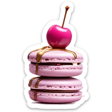Single Realistic pastel macaron drizzled in metallic silver drip and pink cherry placed on top of the drip and cookies. sticker