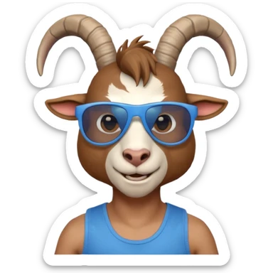 3D cartoon goat man portrait, head and shoulders, brown fur, small horns, blue reflective sunglasses, slight smile, tank top, soft lighting, centered, clean background, no text, no watermark
 sticker