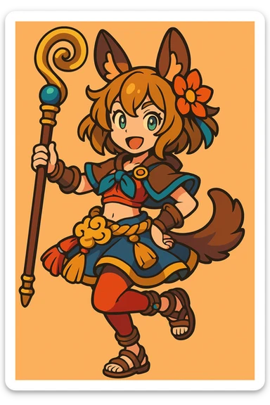 Andira from Granblue Fantasy, 3D toon style, holding staff, playful pose, animal ears, bright colors, detailed accessories sticker