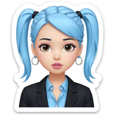 generate a pretty bratz girl wearing a light blue full sleeve shirt and a black blazer over it. silver small hoops, pink lipgloss. black hair tied up in a ponytail sticker