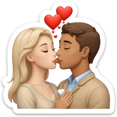A man in pale beige clothes and a woman in pale beige clothes are kissing with white hearts sticker