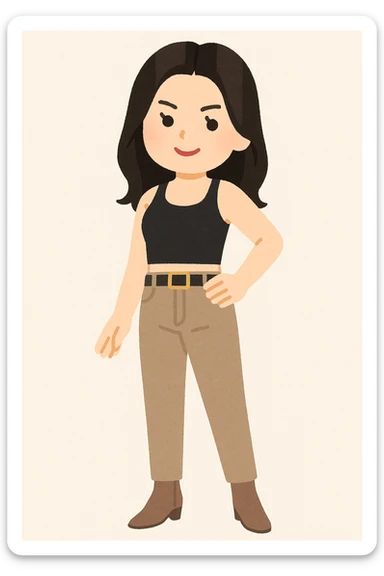 Kendall Jenner in Irasutoya style, posing confidently, trendy attire, cute cartoon proportions, soft color palette, plain background sticker