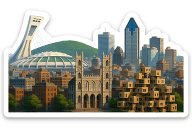 cinematic, realistic emoji of Montreal skyline featuring iconic landmarks such as the Olympic Stadium, Mount Royal, Notre-Dame Basilica, and Habitat 67, lifelike detail, accurate colors, bright lighting, wide city view, fully transparent background sticker
