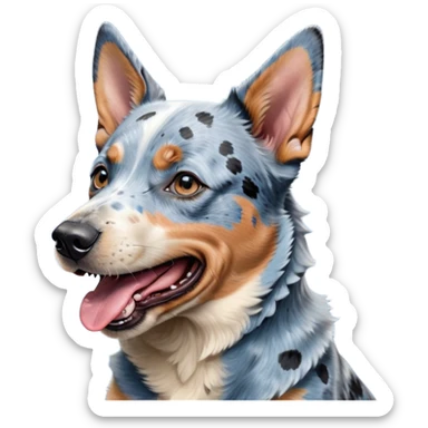 Cinematic Cute Yawning Blue Speckle Australian Cattle Dog Portrait Emoji, Head tilted slightly with a dramatic, wide-open yawn, showcasing a sleek blue speckle Fur with distinct markings, floppy ears slightly drooping, round blue eyes barely open in drowsy contentment, Simplified yet irresistibly adorable features, highly detailed, glowing with a soft, cozy glow, high shine, relaxed yet expressive, stylized with a touch of whimsy, bright and endearing, soft glowing outline, capturing the essence of a sleepy yet affectionate herder, so drowsy it feels like it could stretch out of the screen and curl up for a nap! sticker
