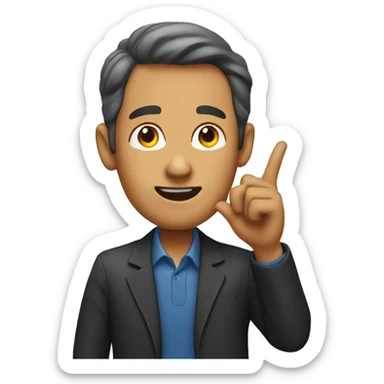 man pointing at his ear sticker