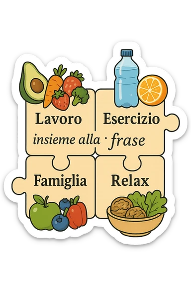 Puzzle (Lavoro, Esercizio, Famiglia, Relax), and healthy foods insieme alla frase specifica are integrated into each piece. in italiano sticker