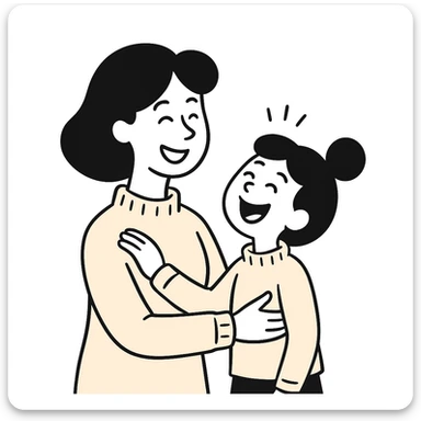 A happy mother with a child in beige clothes in different poses, doodle style sticker